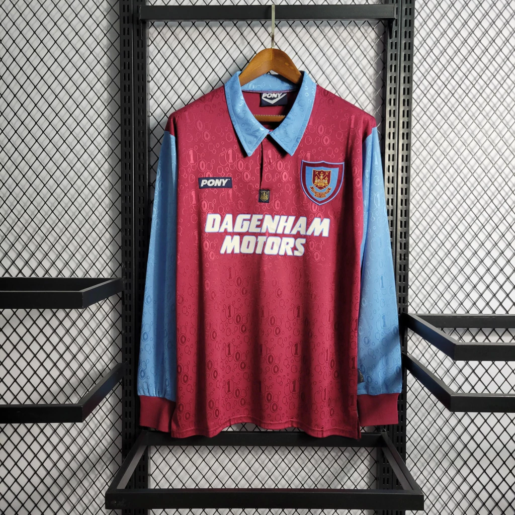 Camisa do West Ham Manga Longa Retrô 1995-1996 Camisa do West Ham Manga Longa 1995-1996
