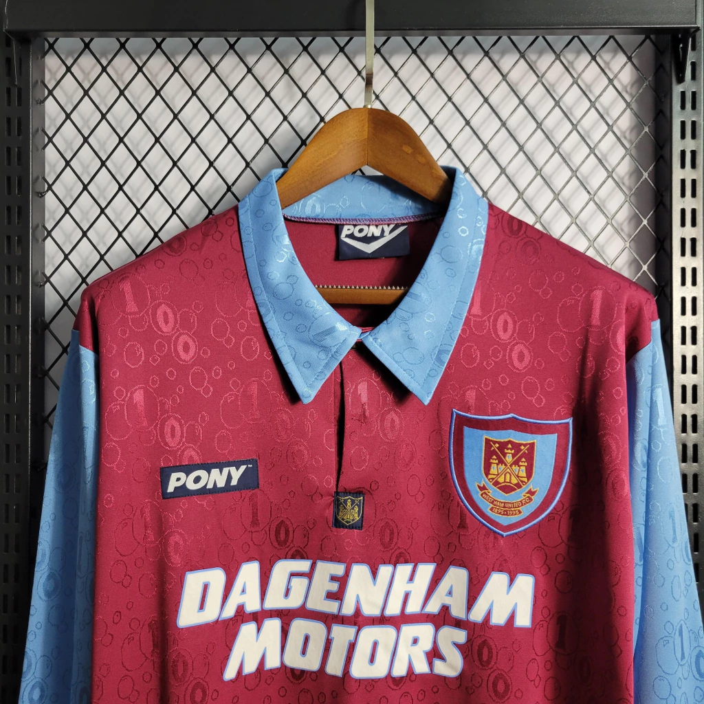 Camisa do West Ham Manga Longa Retrô 1995-1996 Camisa do West Ham Manga Longa 1995-1996
