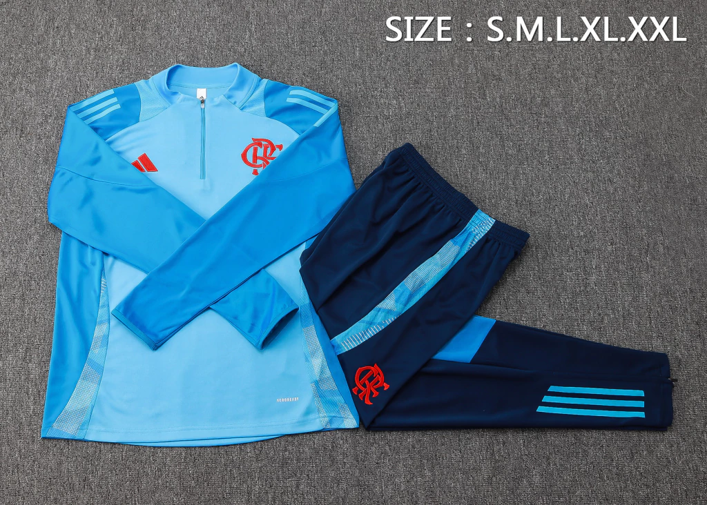 Conjunto Blusa Meio Zíper e Calça Azul Claro do Flamengo 2025-2026 Conjunto Blusa Meio Zíper e Calça Azul Claro do Flamengo 2025-2026