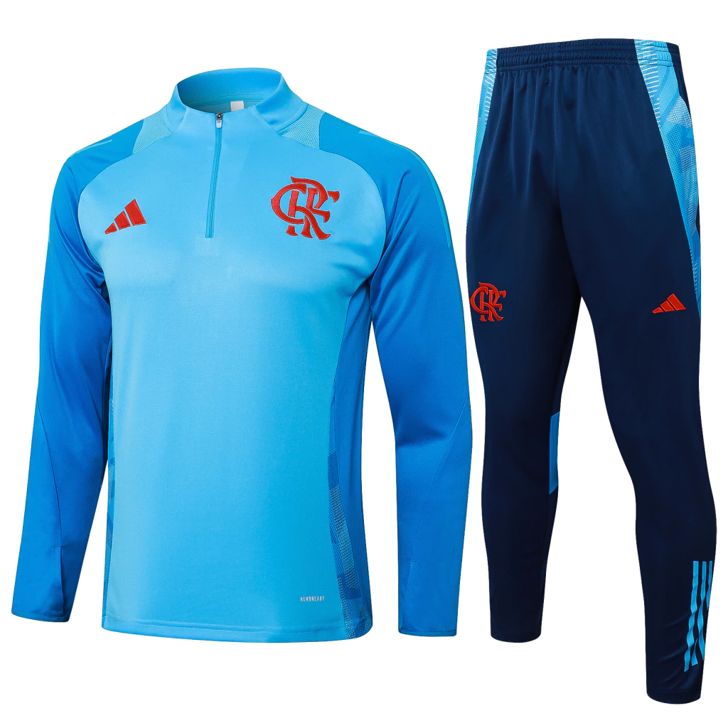 Conjunto Blusa Meio Zíper e Calça Azul Claro do Flamengo 2025-2026 Conjunto Blusa Meio Zíper e Calça Azul Claro do Flamengo 2025-2026